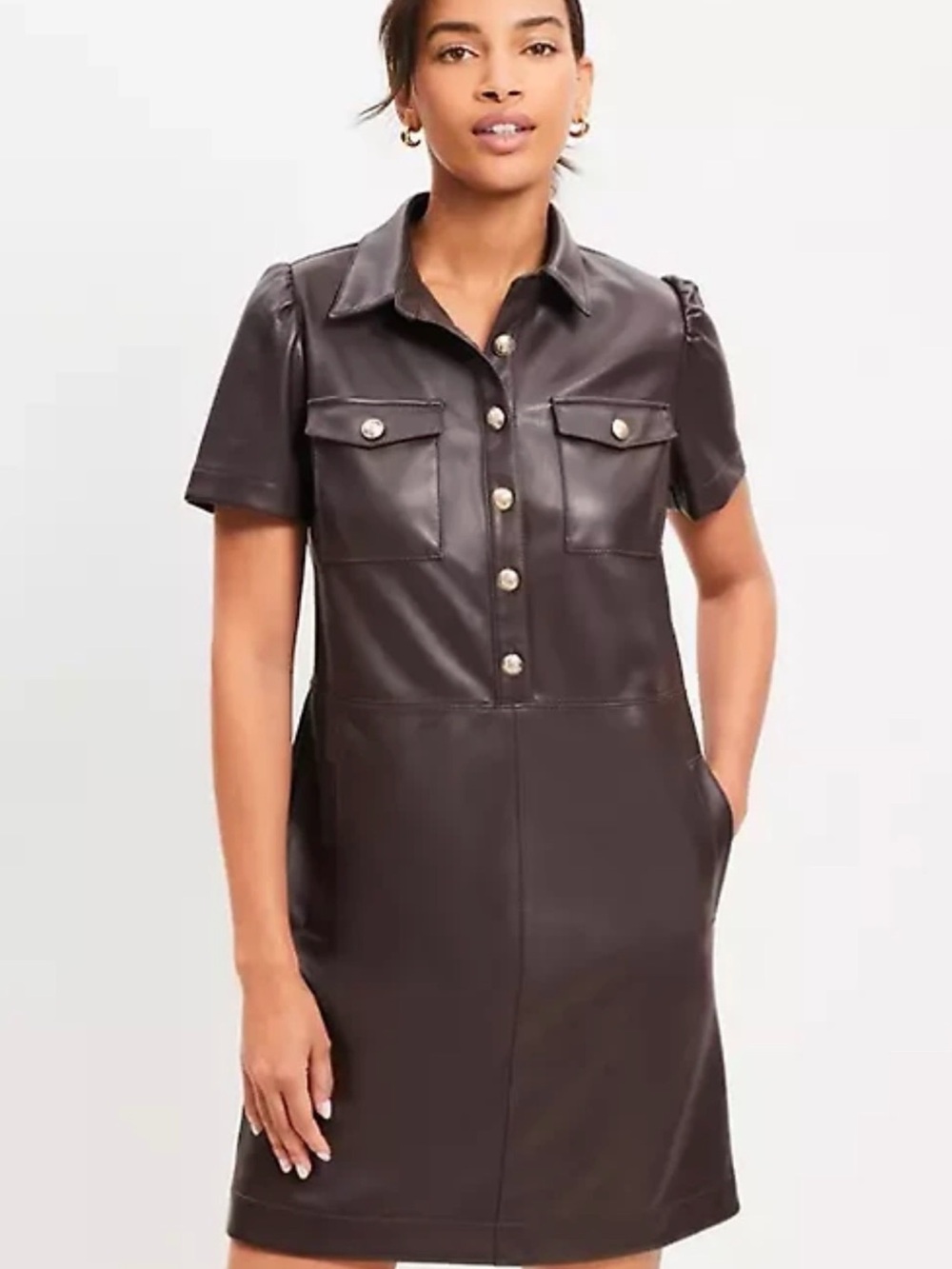 Loft Faux Leather Shirt Dress - Chocolate Brown - Size 14 NWT